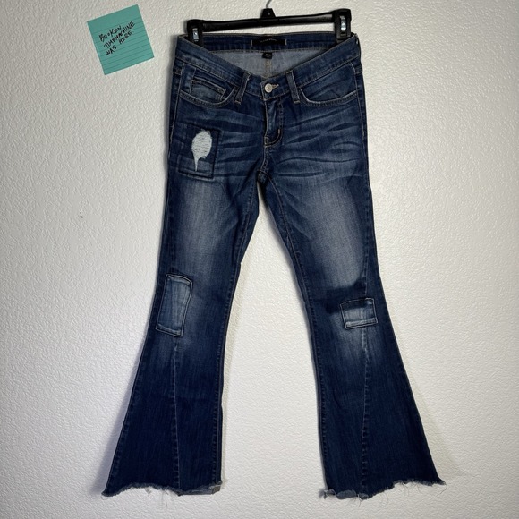 Flying Monkey Low Rise Super Flare Stretch Distressed Denim Jeans Women's 26 USA - Picture 1 of 12